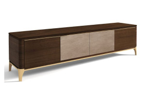 Деревянный шкаф для телевизора с распашными дверцами и кожаными вставками