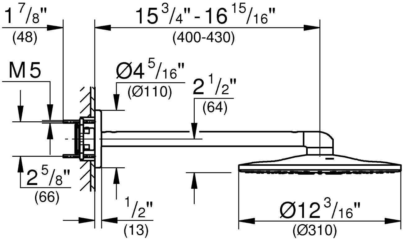 Верхний душ GROHE Rainshower 310 SmartActive с душевым кронштейном 430 мм, 2 режима струи, белая луна (26475LS0) - Вид №15