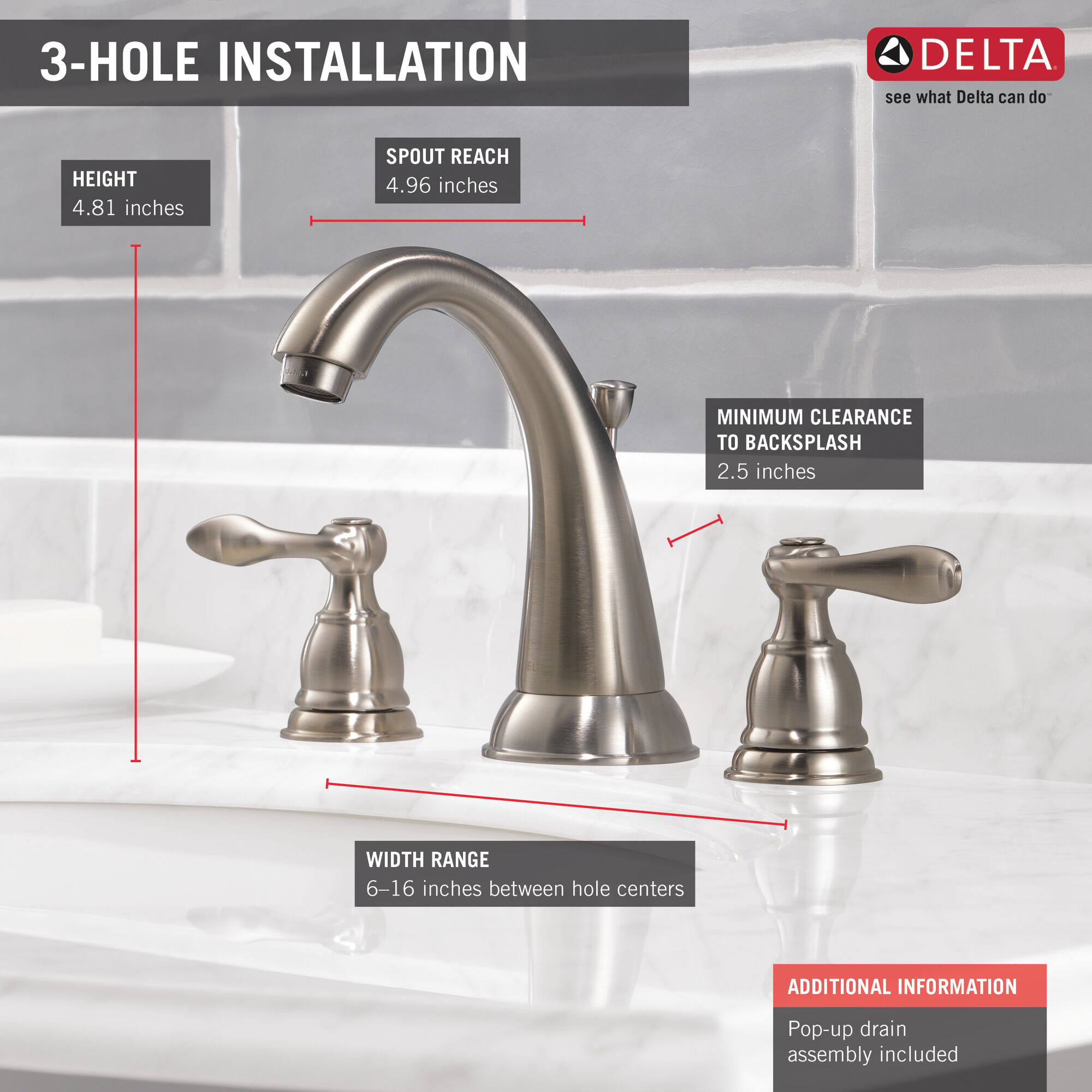 35996LF-BN-ECO Смеситель для ванной комнаты с двумя ручками Delta Faucet Windemere Матовый никель  - Вид №2