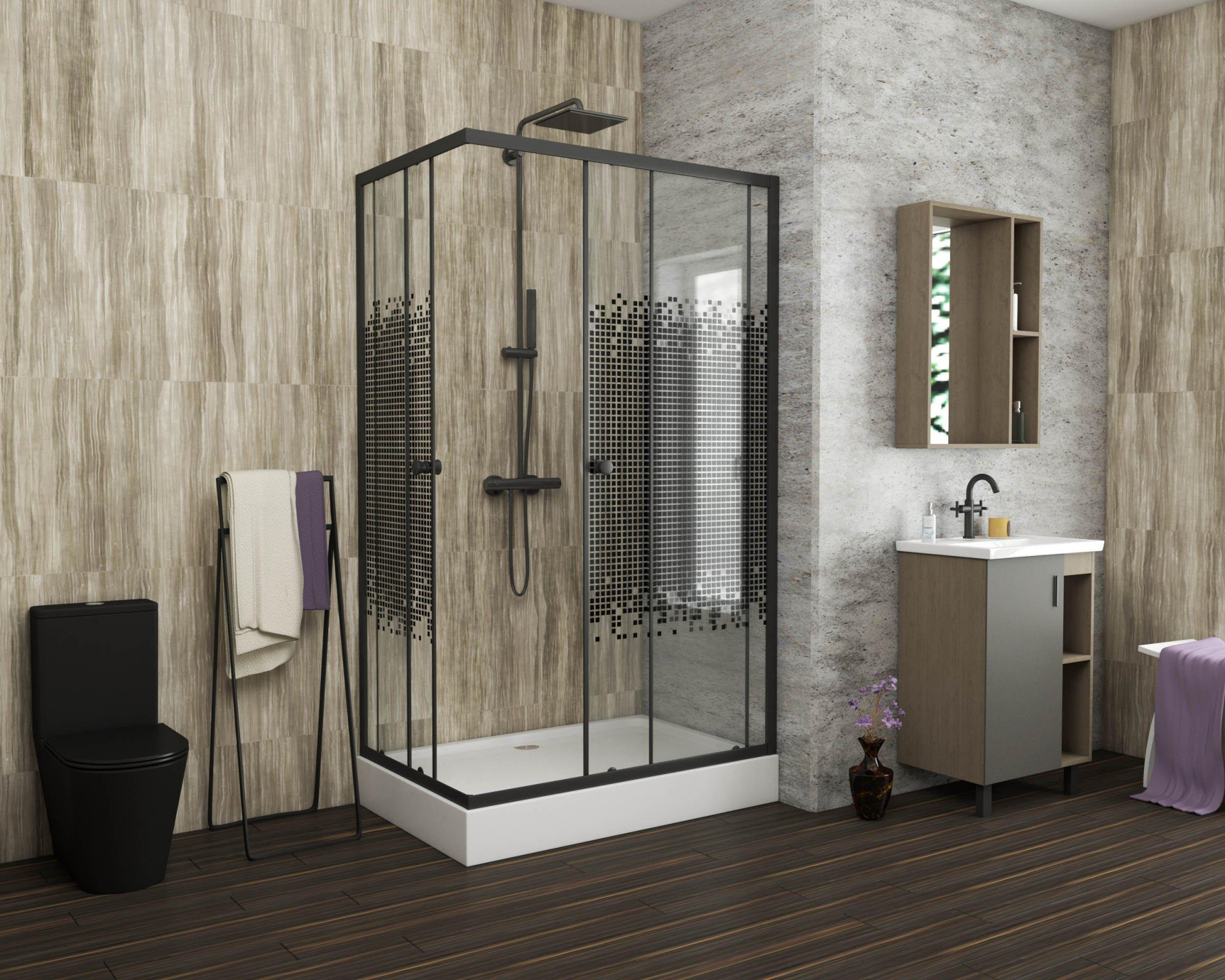 Душ. уголок NG- 012-14Q BLACK(1200х800х1950) низкий поддон(13см) стекло МОЗАИКА, 2 места Niagara ECO 0121452QB