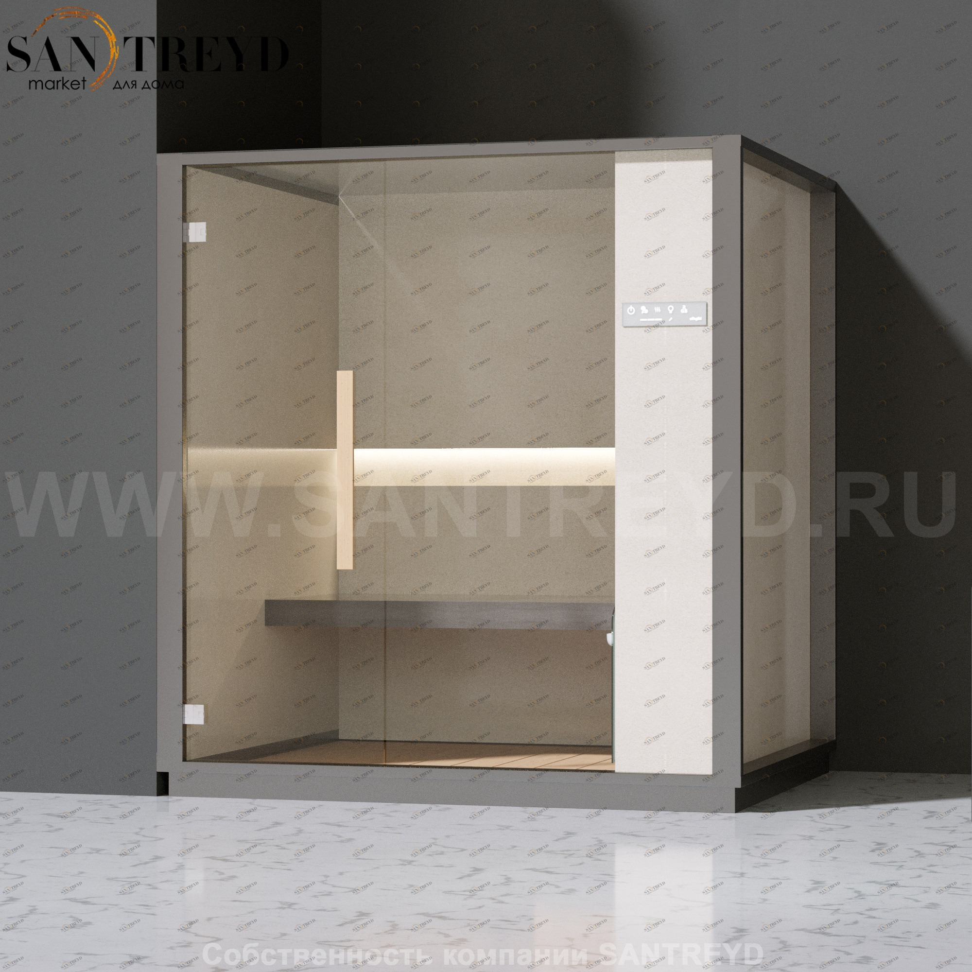 Effegibi ONE H LO60010005 Хаммам. Установка: в левый угол. Правая дверь. Мощность: 4,5 кВт макс. Размеры: длина 214 см, ширина 171 см. Отделка: матовый лакированный серый аллюминий и бежевый ламинат из керамогранита.