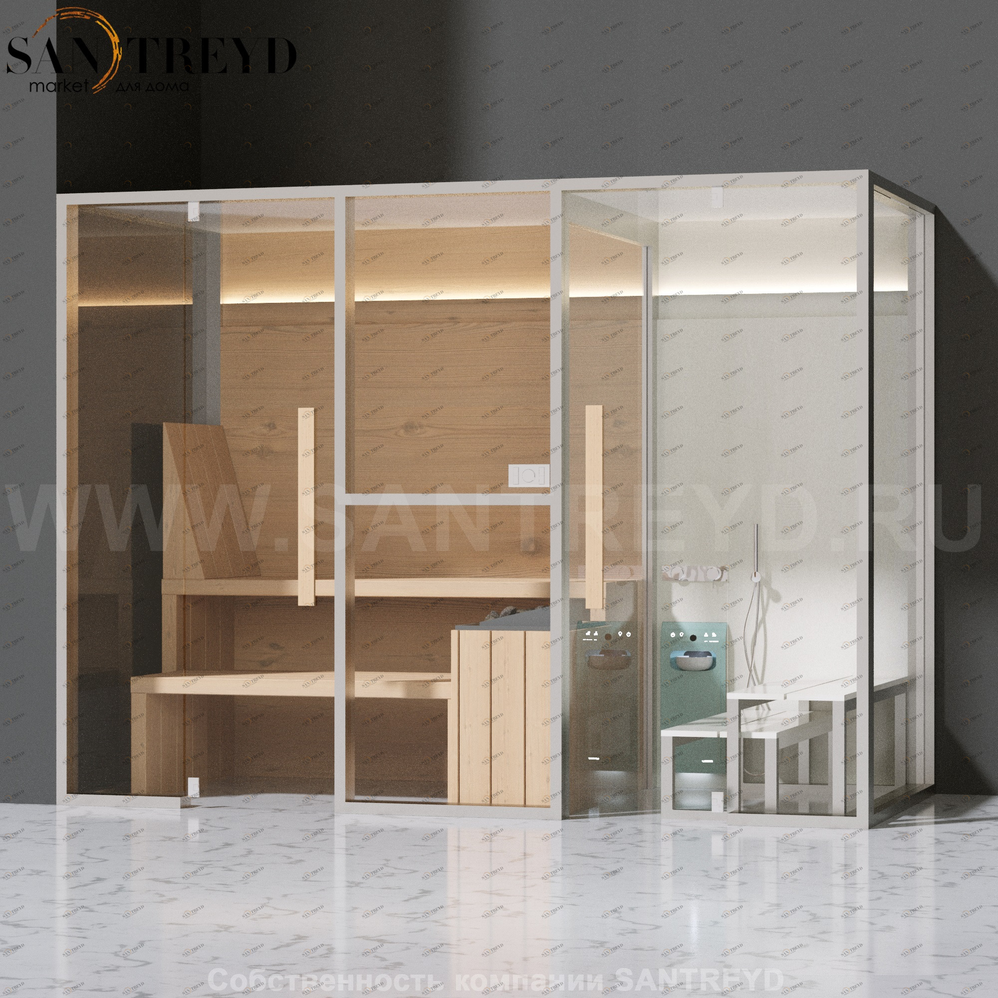 Effegibi MIDFILO LO71020002 Комбинированная баня: хаммам - душ и сауна. Установка: в левый угол. Мощность: 11 кВт макс. Размеры: длина 300 см, ширина 137 см. Отделка: канадский хемлок, матовый лакированный коричневый аллюминий и темный ламинат из керамогр