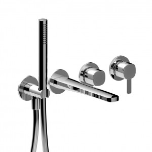 M121B+R021A  Встраиваемый смеситель для ваннывылет 19 см ручка переключатель на 2 потока с поворотной кнопкой ручная лейка FIT шланговое подсоединение с держателем для ручной лейки гибкий шланг 150 см ПВХ впуски 1/2'' Fantini Rubinetti LAMÉ