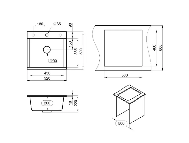 ES-5201, ШВАРЦ (чёрный металлик), кухонная мойка, кварц ESTETICA GRANULA 5201-ST168 - Вид №5