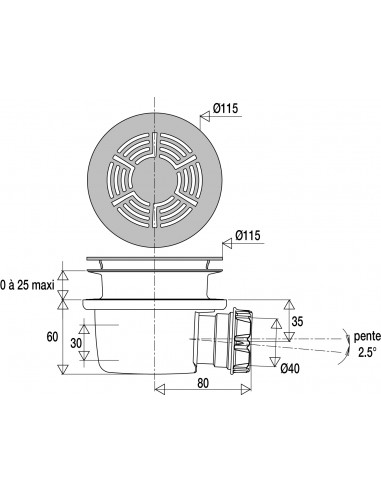 572100 000 00  Минимальный слив для душевого поддона Д. 90 мм, очень плоский, дизайнерская решетка, H 60 мм, нержавеющая сталь Valentin Хром  - Вид №2