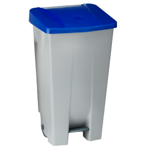234188 DENOX Контейнер пластиковый серый с ручкой с синей крышкой с педалью на колесах 80 л. Серый с синей крышкой