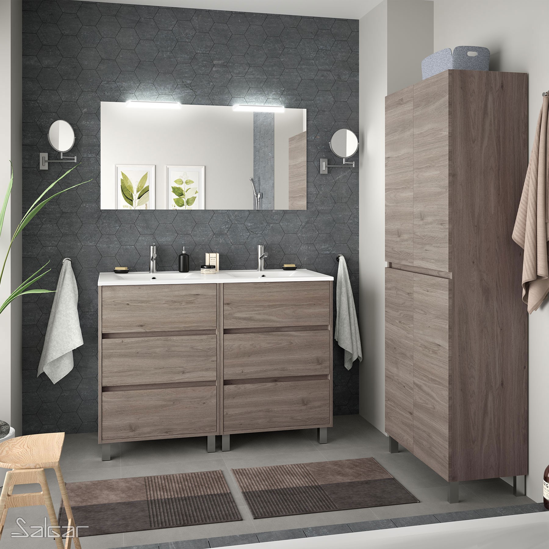85147 SALGAR Комплект мебели для ванной ARENYS 1200 ETERNITY OAK + Раковина + Зеркало + Свет Робл Вечность