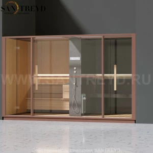 Effegibi LOGICA LO10030006 Комбинированная баня: хаммам и сауна. Установка: в нишу. Мощность: 10,5 кВт макс. Размеры: длина 373 см, ширина 250 см. Отделка: канадский хемлок, матовый лакированный коричневый аллюминий и темный ламинат из керамогранита.