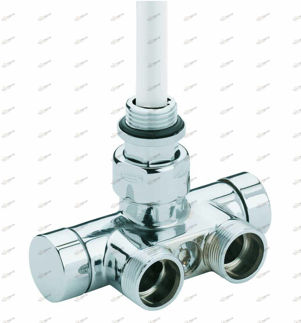 Carlo Poletti V87100L Клапан термостатический одно/двухтрубный с by-pass и держателем, центральное подсоединение. Версия прямая с подключением медной или пластиковой трубы. Межосевое расстояние 40 мм 