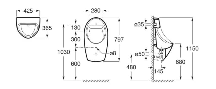 Фарфоровый подвесной писсуар Roca EURET 35945F..0 / 35945H..0 ARCH-00074157 - Вид №2