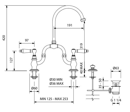 Смеситель для раковины с 3 отверстиями и автоматическим сливом Park Avenue Caruso ARCH-00090536 - Вид №2
