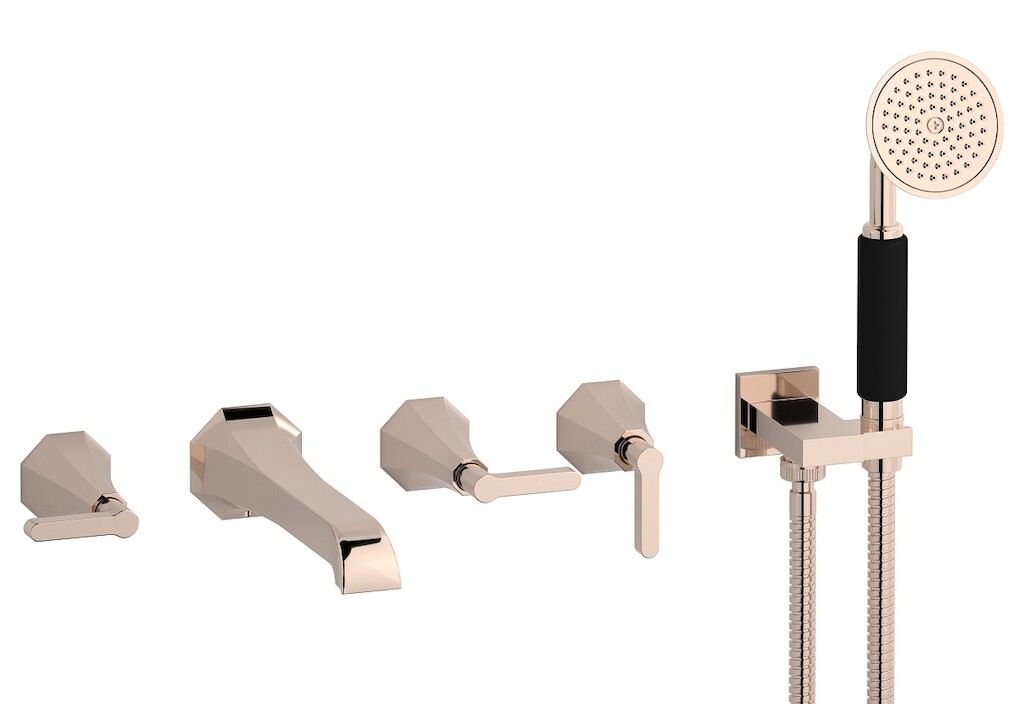 Настенный смеситель для ванной на 5 отверстий с дивертером и душевым гарнитуром. WE ARE IB bl398rs Rose Gold Belmondo 
