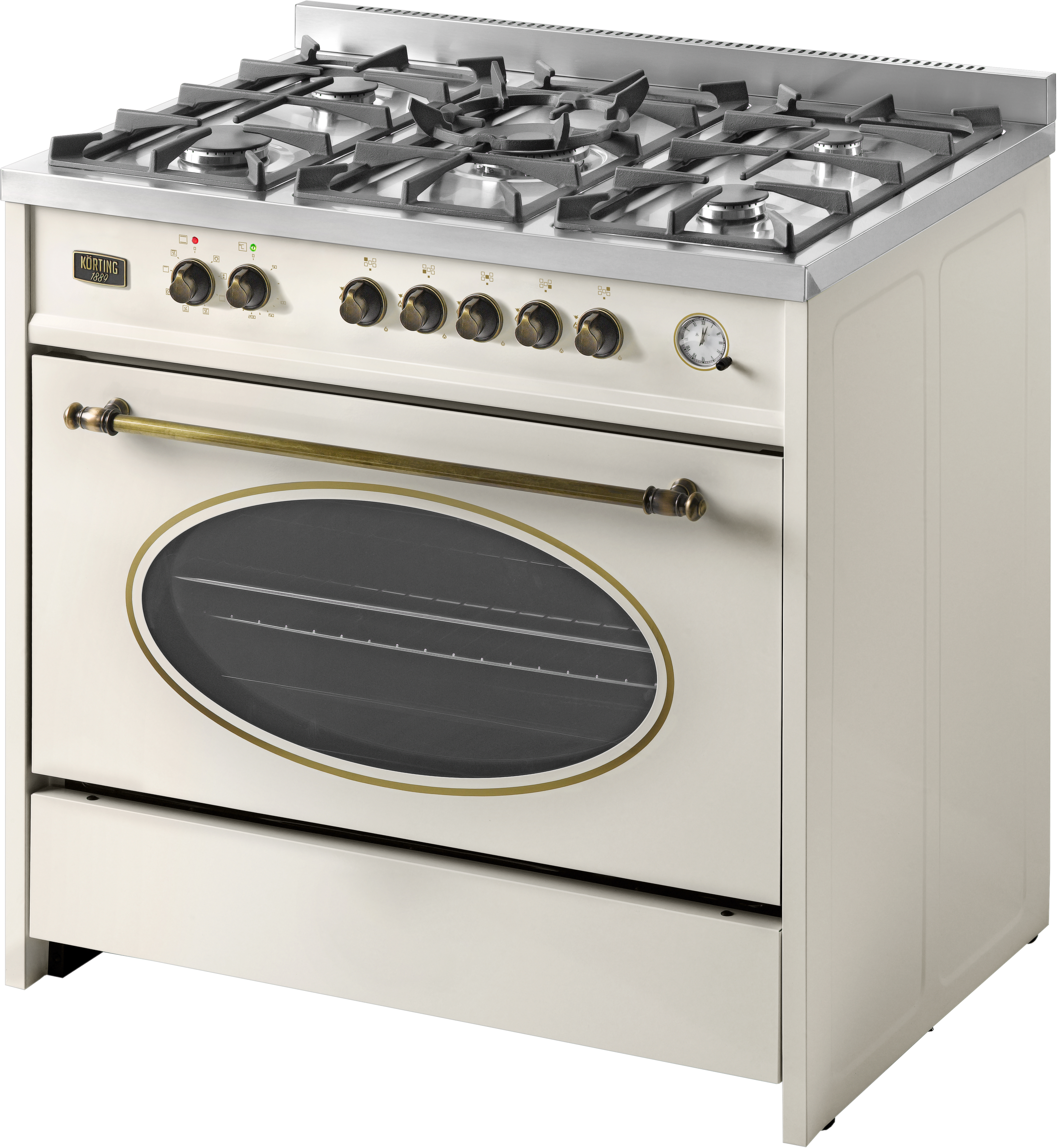 CKE 98051 CRI Отдельностоящая газовая плита / ширина 90 см, серия ретро, поверхность: 5 высокоэффективных газовых конфорок, сверхмощная конфорка wok, газовая поверхность из нержавеющей стали, чугунные держатели посуды, автоматический электроподжиг, газ-ко Santreyd  - Вид №1