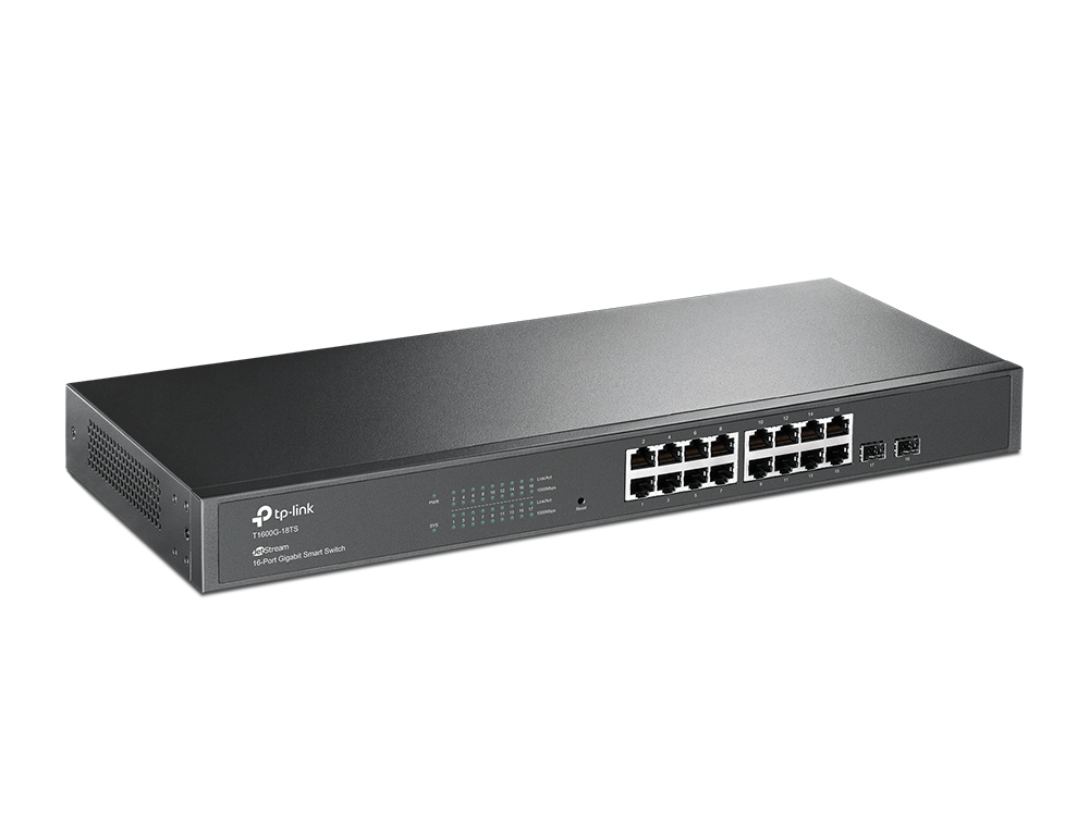 T1600G-18TS Jetstream™ 16-port gigabit smart switch, 16 10/100/1000mbps rj45 ports including 2 sfp slots, 1u 19-inch rack-mountable steel case TP-Link Santreyd  - Вид №1