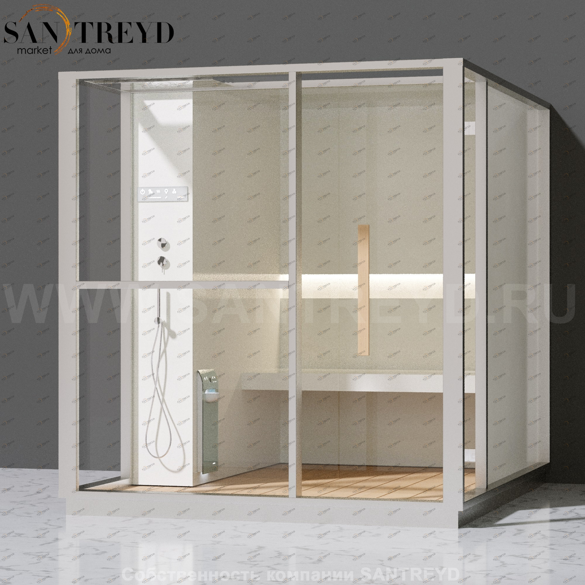 Effegibi LOGICA H LO30020002 Хаммам. Установка: к стене. Левая дверь. Мощность: 4,5 кВт макс. Размеры: длина 214 см, ширина 250 см. Отделка: матовый лакированный белый аллюминий и серый ламинат из керамогранита.