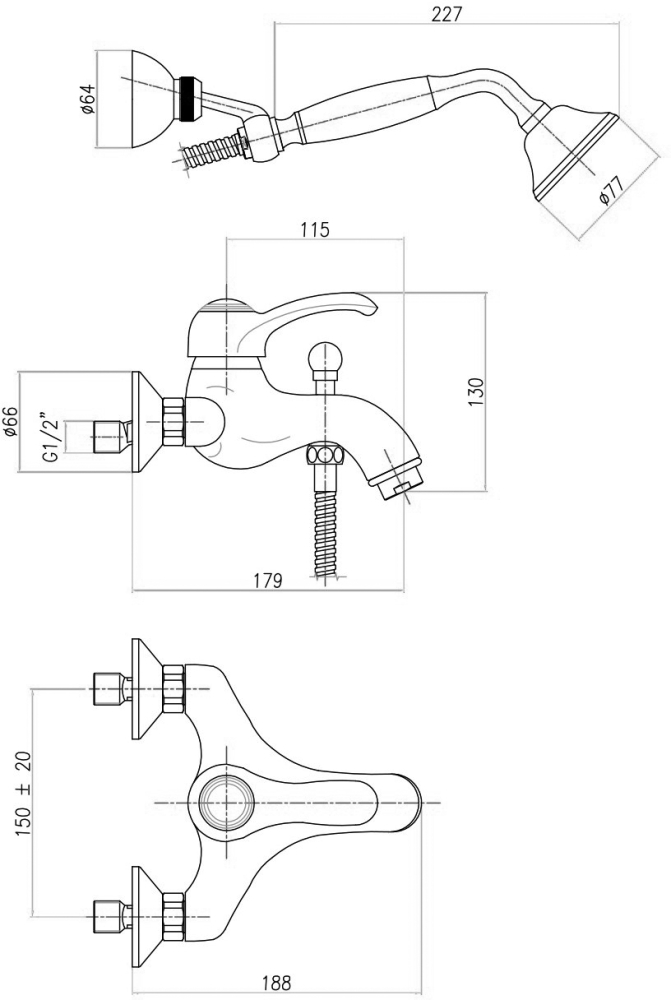 AU850101060 Смеситель для ванны и душа , медь Webert Aurora - Вид №1