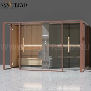 Effegibi LOGICAFILO LO11030001 Комбинированная баня: хаммам и сауна. Установка: к стене. Мощность: 10,5 кВт макс. Размеры: длина 373 см, ширина 250 см. Отделка: канадский хемлок, матовый лакированный коричневый аллюминий и темный ламинат из керамогранита.