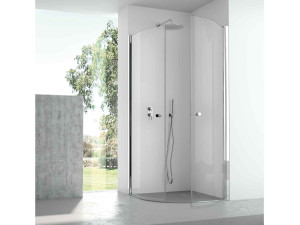 Угловая полукруглая душевая кабина из алюминия и стекла с распашной дверью