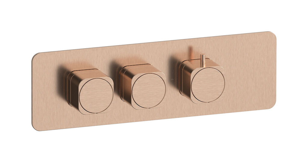 Комплект мягкой термостатической двусторонней горизонтальной пластины и ручек с прямоугольной пластиной WE ARE IB eua226srneo_1 Brushed Rose Gold Aqua