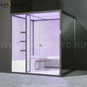 Effegibi BODYLOVE H BL30010005 Хаммам. Установка: в левый угол. Мощность: 7 кВт макс. Размеры: длина 200 см, ширина 176 см. Отделка: светлый керамогранит и зеркало.