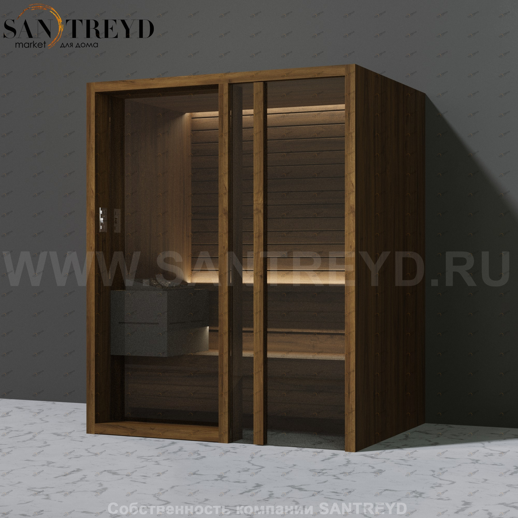 Effegibi YOKU.G45 SA.70300019 Сауна с правой дверью. Мощность: 4,5 кВт макс. Размеры: длина 174 см, ширина 132 см. Отделка: чёрный орех SA70300019