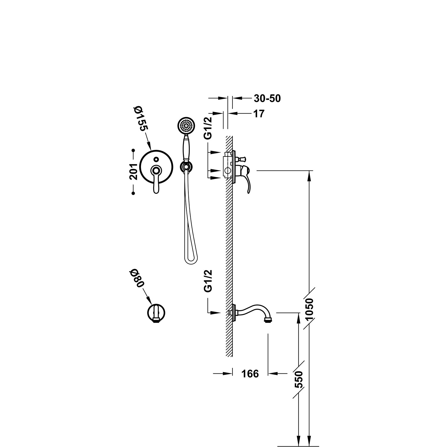 Комплект 2-ходового скрытого смесителя для душа TRES CLASIC с одной ручкой -24218005LM TRES  - Вид №1