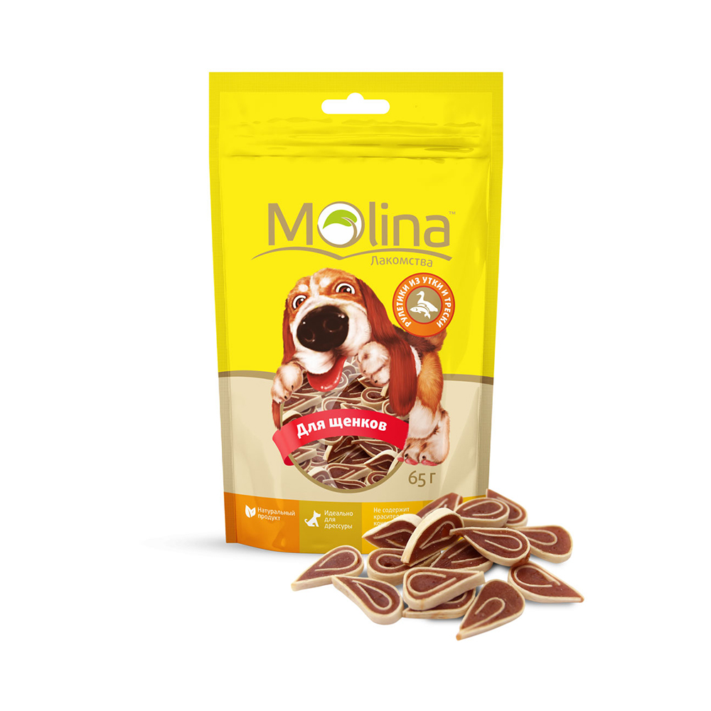ПР0058726 Лакомство для щенков Рулетики из утки и трески 65г Molina 
