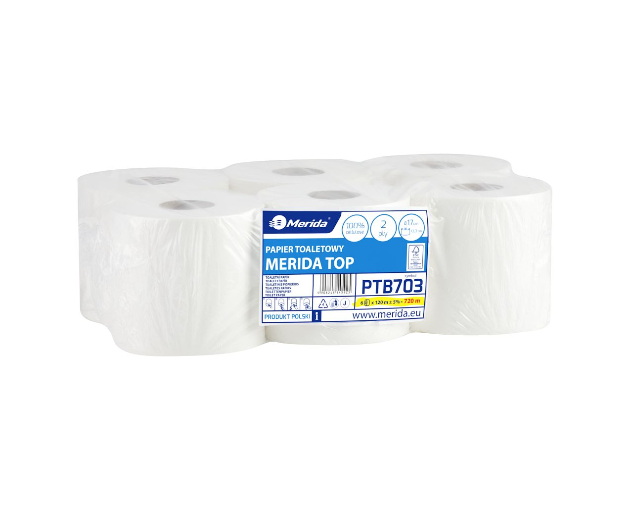 PTB703 Туалетная бумага TOP CENTER PULL, белая, диаметр 17 см, длина 120 м, двухслойная, в упаковке 6 шт. Merida 