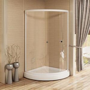 Душевой угол 90 (радиальный), стеклянные шторки (прозрачные), поддон на раме-подставке с устройством слива, профиль белый