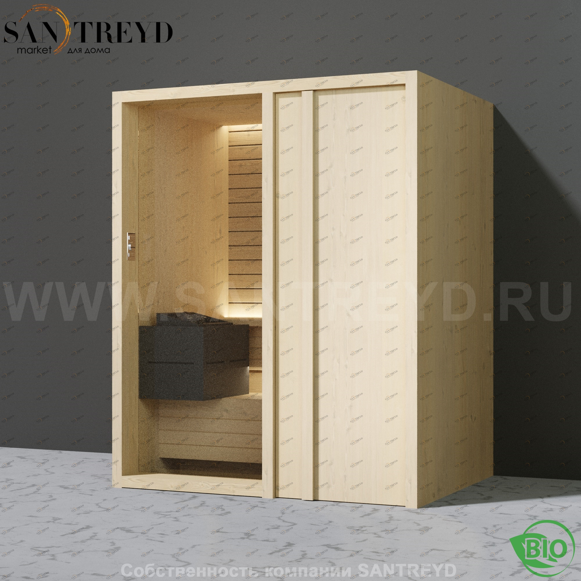 Effegibi YOKU.D45 BI.70200021 Био-сауна с правой дверью. Мощность: 4,5 кВт макс. Размеры: длина 174 см, ширина 132 см. Отделка: осина термообработанная BI70200021