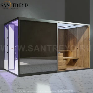 Effegibi BODYLOVE SH BL45230003 Боковая комбинированная баня: хаммам и сауна. Установка: в правый угол. Мощность: 15 кВт макс. Размеры: длина 393 см, ширина 176 см. Отделка: термообработанная древесина, гладкое стекло и зеркало.