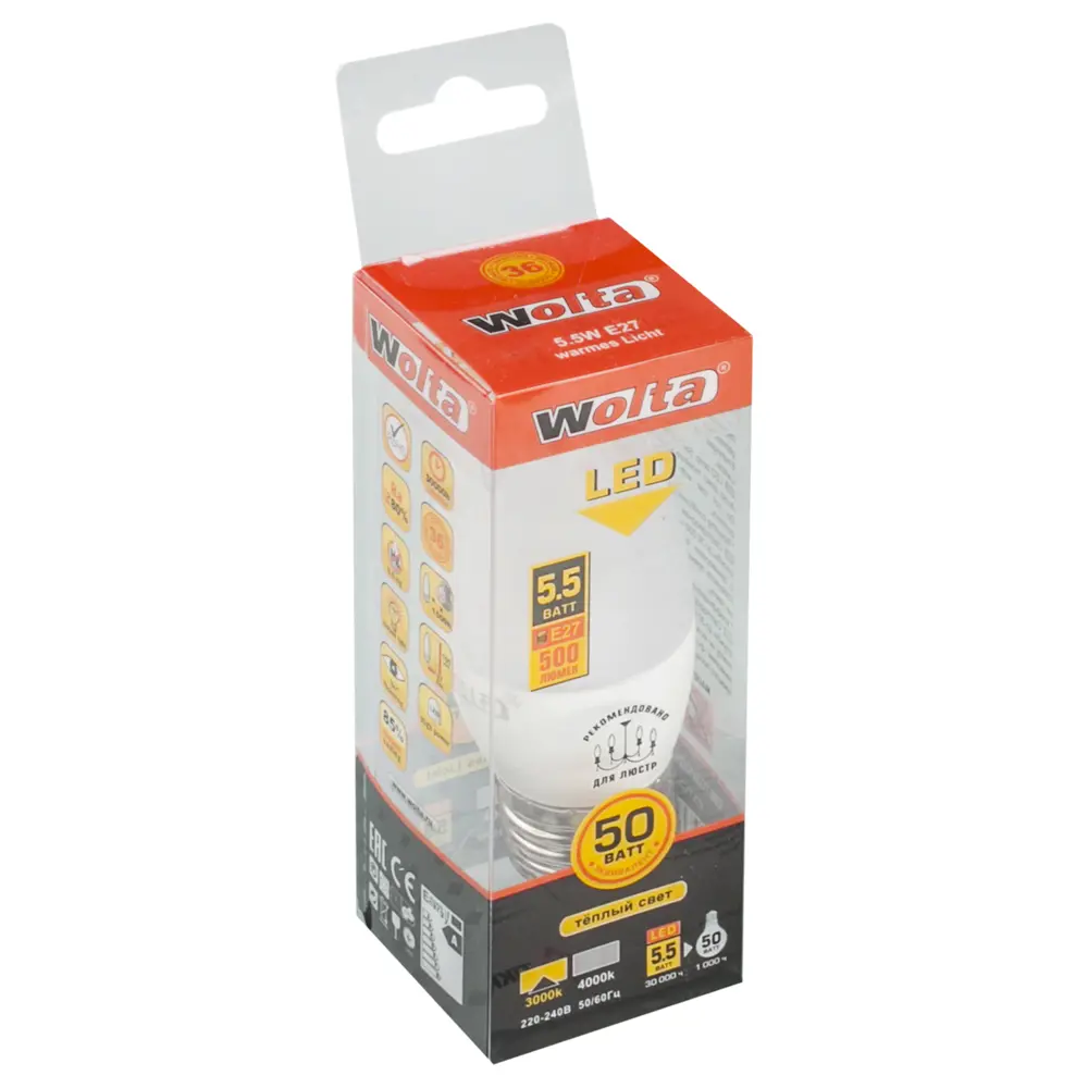 Лампа светодиодная Wolta свеча E27 5.5 Вт 500 Лм свет тёплый белый STLM-2155023 - Вид №1