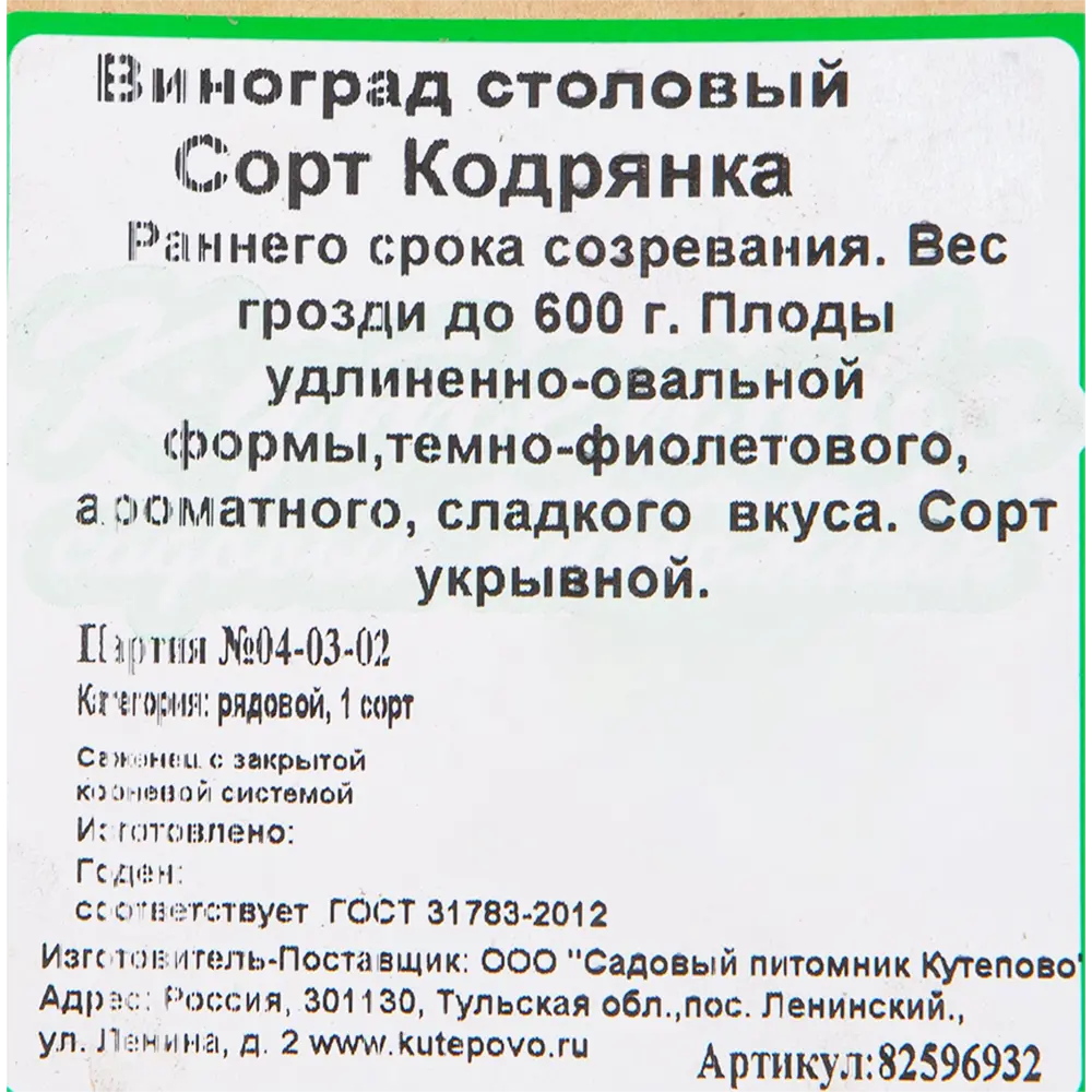 Виноград плодовый «Кодрянка» C2 высота 50 см 82596932 STLM-2147950 Santreyd  - Вид №1