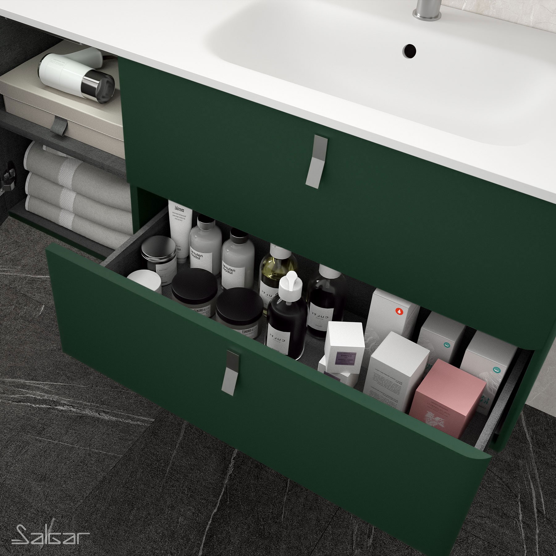 83105 SALGAR Мебель для умывальника UNIIQ 1200 ROYAL GREEN левая 1 дверца и 2 ящика с мягким закрыванием 1194 x 540 x 450 мм  - Вид №2