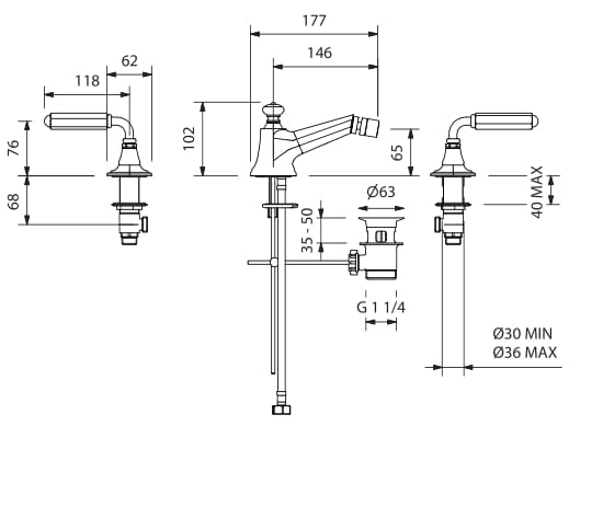 Смеситель для биде с 3 отверстиями для пола с поворотным горлышком Park Avenue Dark Black ARCH-00027071 - Вид №1