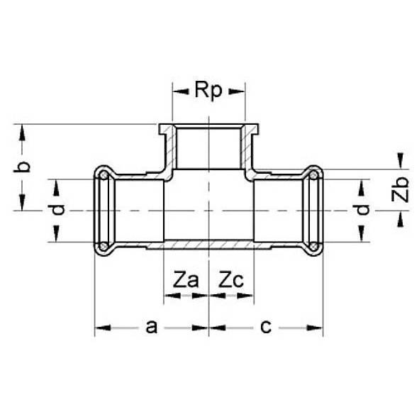 1111302234 SANHA 11130G пресс-фитинг газ, бронза, тройник ВПр-ВР-ВПр 22x3/4x22 мм  - Вид №1