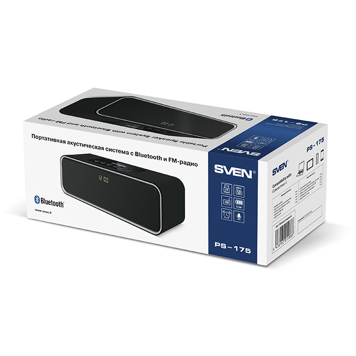 SV-015886 ps-175, черный, акустическая система 2.0, мощность 2x5 вт (rms), bluetooth, fm, usb, microsd, led-дисплей, часы, будильник, встроенный аккумулятор) Sven Santreyd  - Вид №6