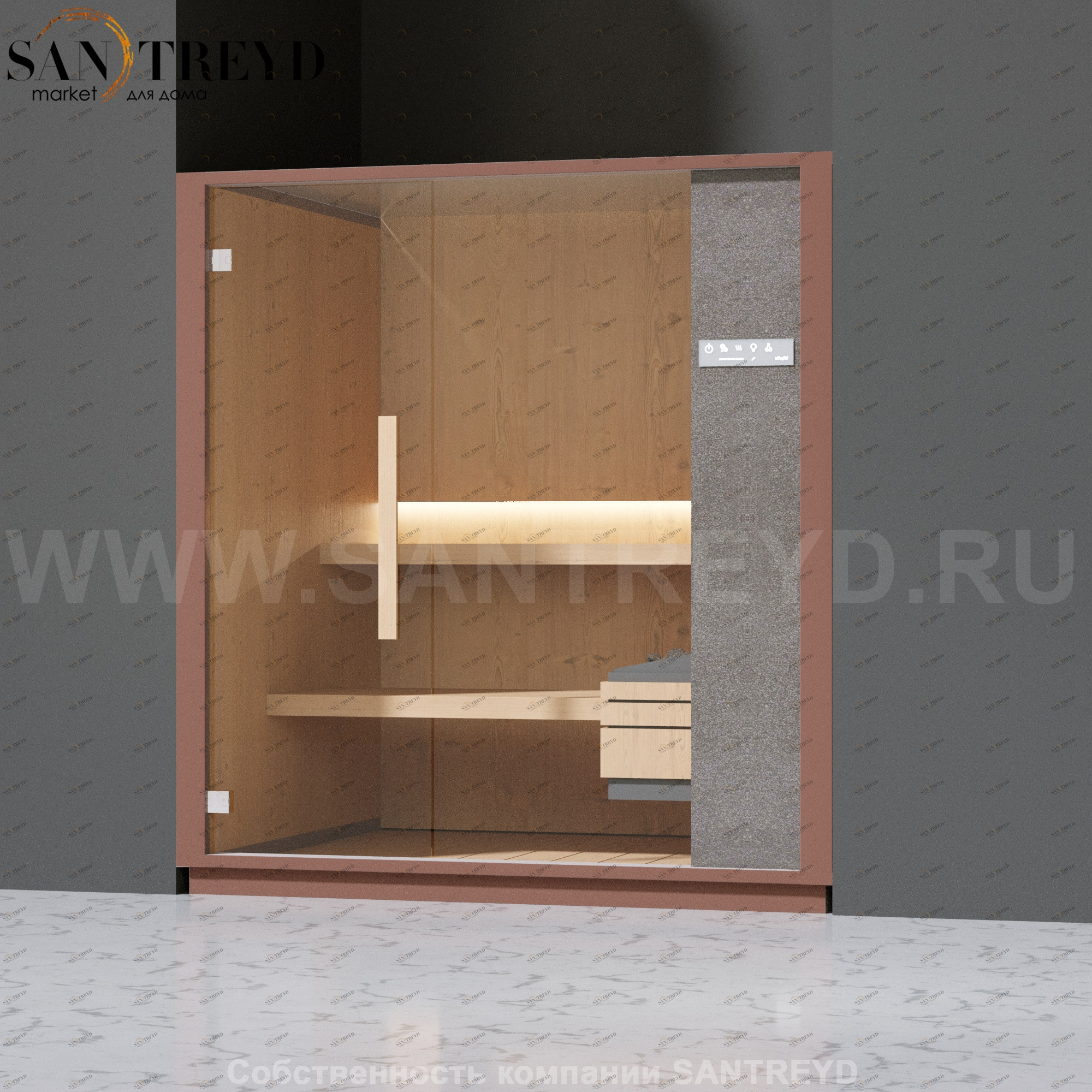 Effegibi ONE S LO50030009 Сауна. Установка: в нишу. Правая дверь. Мощность: 6 кВт макс. Размеры: длина 214 см, ширина 171 см. Отделка: канадский хемлок, матовый лакированный серый аллюминий и бежевый ламинат из керамогранита.