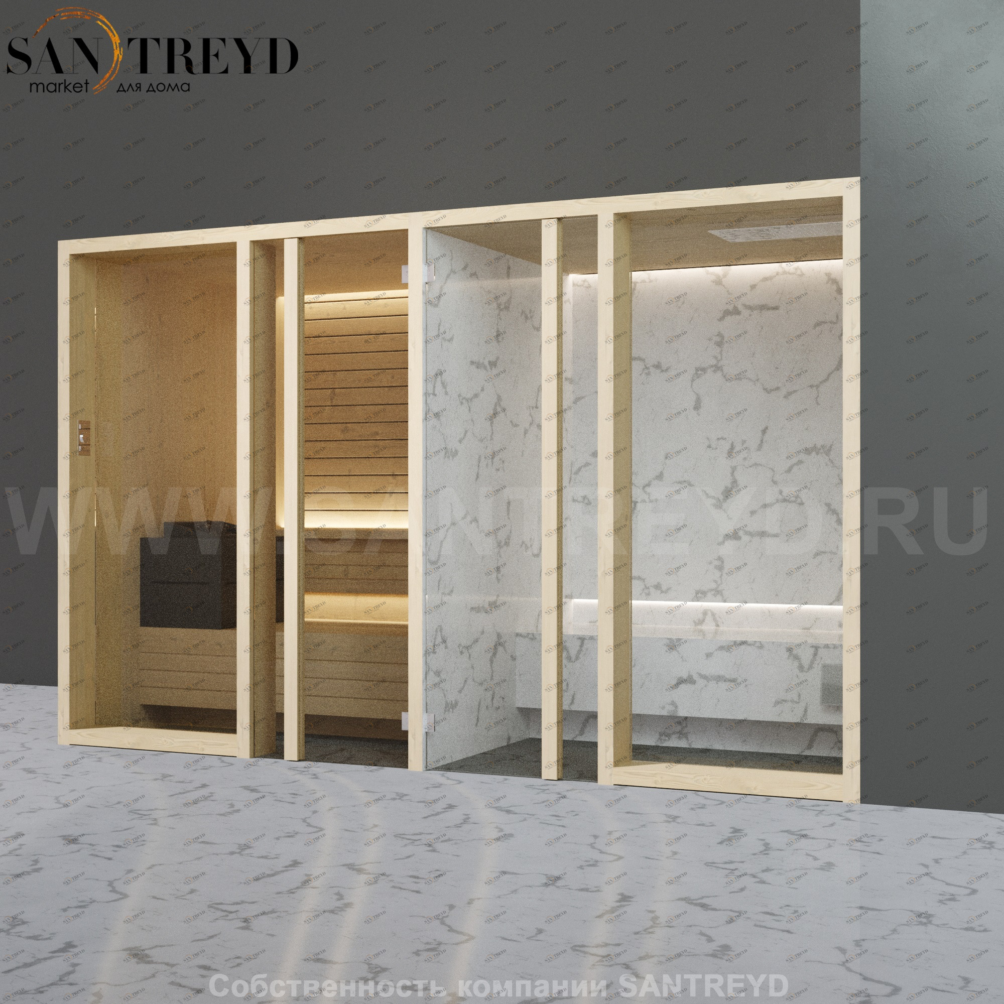 Effegibi YOKU.G SH YO.30110002 Комбинированная баня: хаммам и сауна. Установка: в правый угол. Мощность: 10,5 кВт макс. Размеры: длина 342 см, ширина 170 см. Отделка: осина термообработанная и светлый керамогранит YO30110002