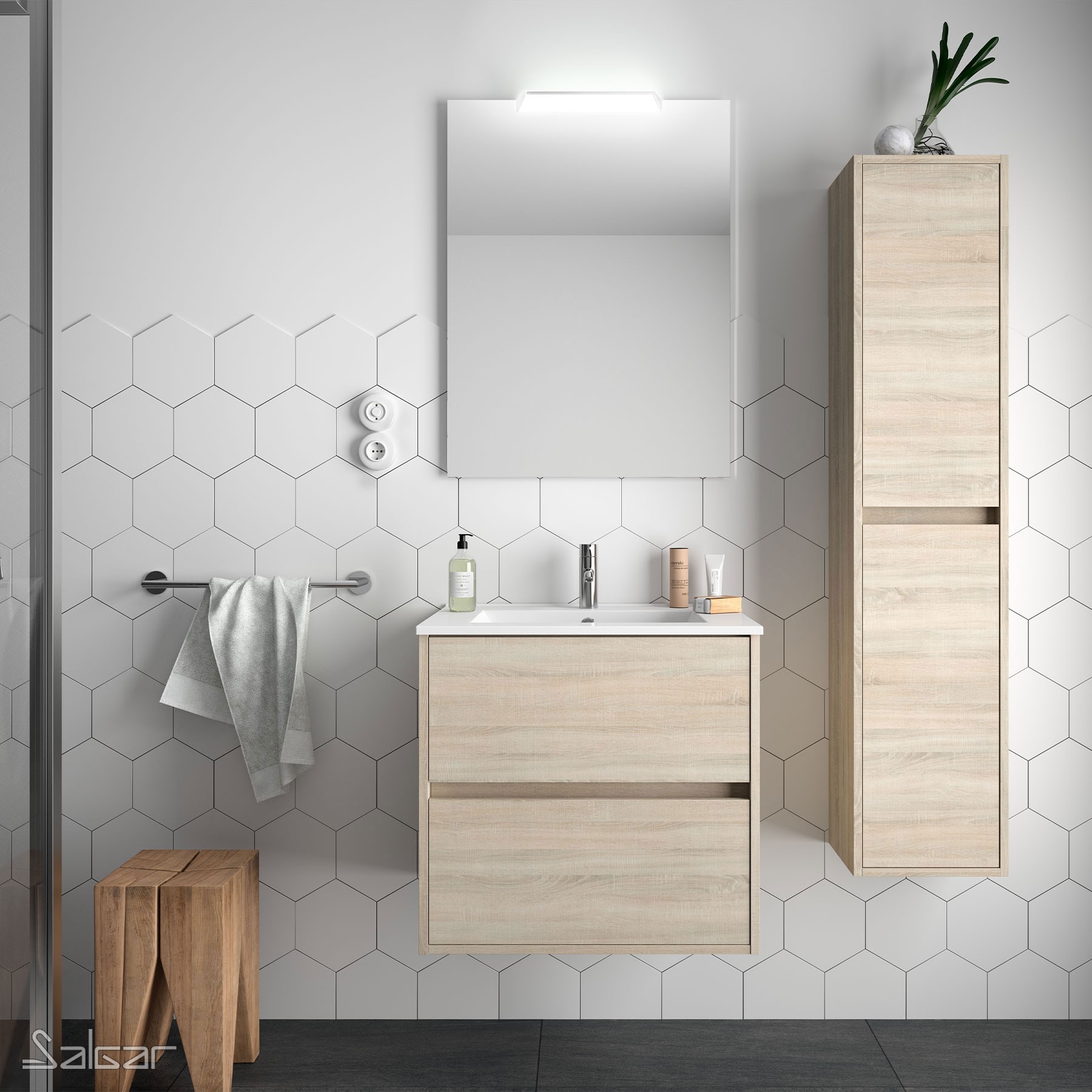 85027 SALGAR Комплект мебели для ванной NOJA 600 OAK CALEDONIA + Раковина + Зеркало + Свет Дуб Каледония