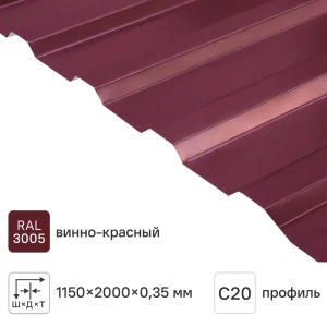Профнастил С20 0.35 мм 1160x2000 мм RAL 3005 вишня 12543766 STLM-2100981