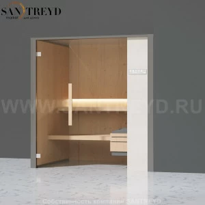 Effegibi ONEFILO S LO51010007 Сауна. Установка: в правый угол. Правая дверь. Мощность: 4,5 кВт макс. Размеры: длина 214 см, ширина 171 см. Отделка: матовый лакированный серый аллюминий и бежевый ламинат из керамогранита.