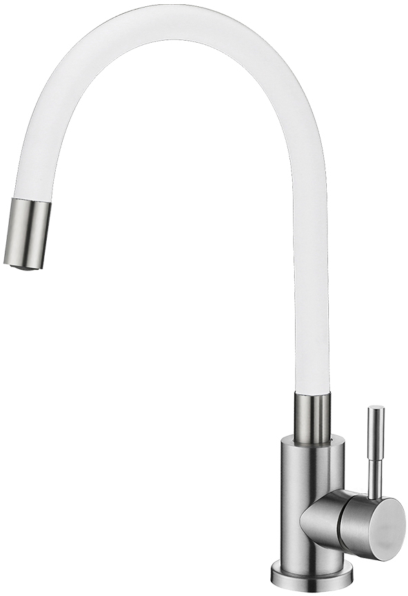 Смеситель д/кухни MELANA ELASTICO-610401W нерж.сталь, однорычажный,гибкий излив,сатин+белый