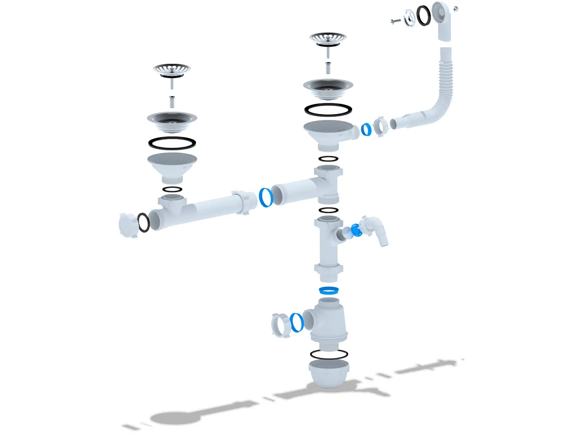 2-ой Сифон Ани Грот двойной 3 1/2" с перел. и отводами Анипласт для одноуровневых моек GRANFEST А 7500SP О/У - Вид №2