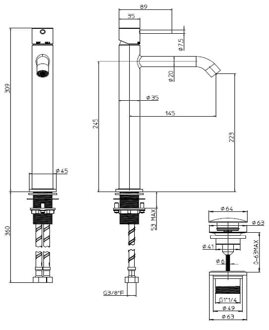 Высокий смеситель для раковины из хромированной латуни Bossini Teo ARCH-00032794 - Вид №3