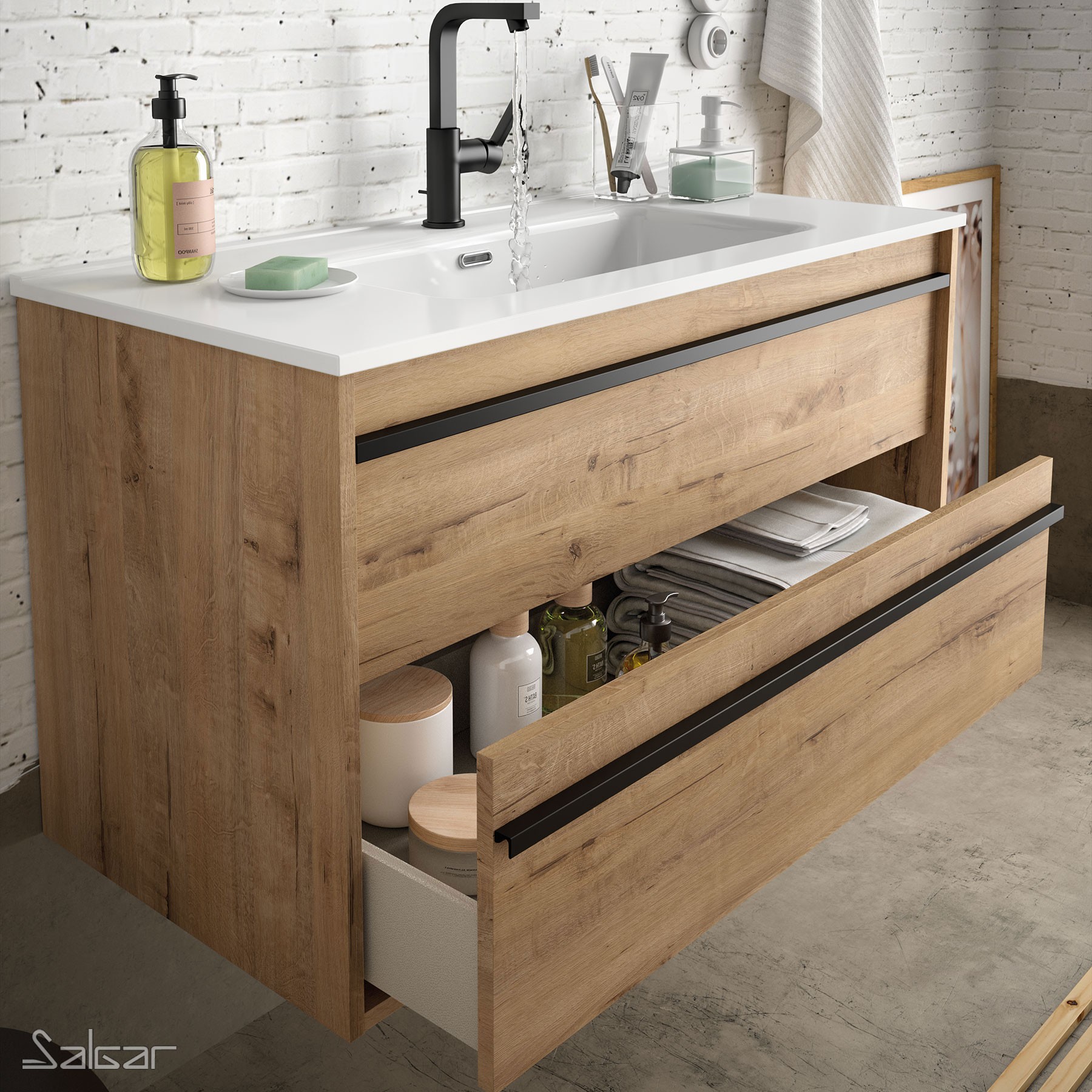 84950 SALGAR Комплект мебели для ванной ATTILA 1000 OSTIPPO OAK + Раковина + Зеркало + Свет Робл Остиппо - Вид №1