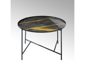 Круглый железный и стеклянный журнальный столик для гостиной