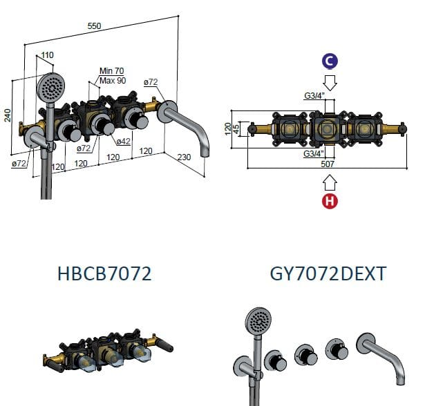 Латунный настенный термостатический смеситель для ванны Hotbath Guy ARCH-00078661 - Вид №2