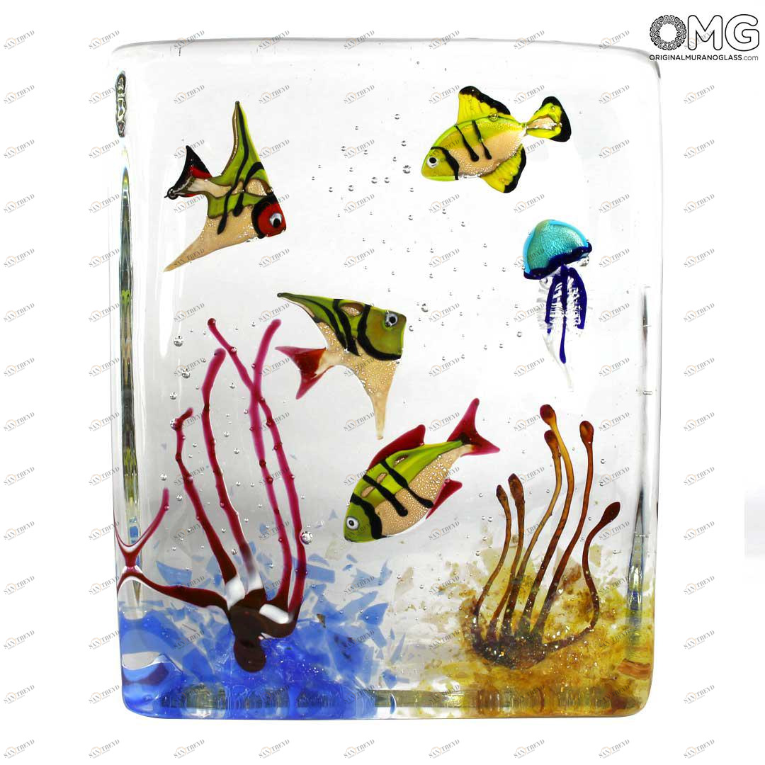 4228 ORIGINALMURANOGLASS Скульптура Аквариум с тропическими рыбками - муранское стекло OMG 20 см 