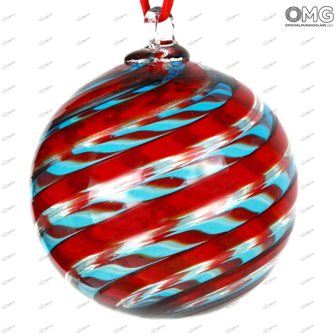 2639 ORIGINALMURANOGLASS Ёлочный шар Fantasy - красно-голубая спираль - MURANO GLASS XMAS 8 см 